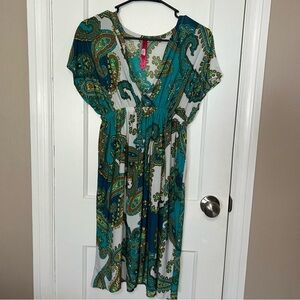 Cristinalove Teal and Green Paisley Midi Dress